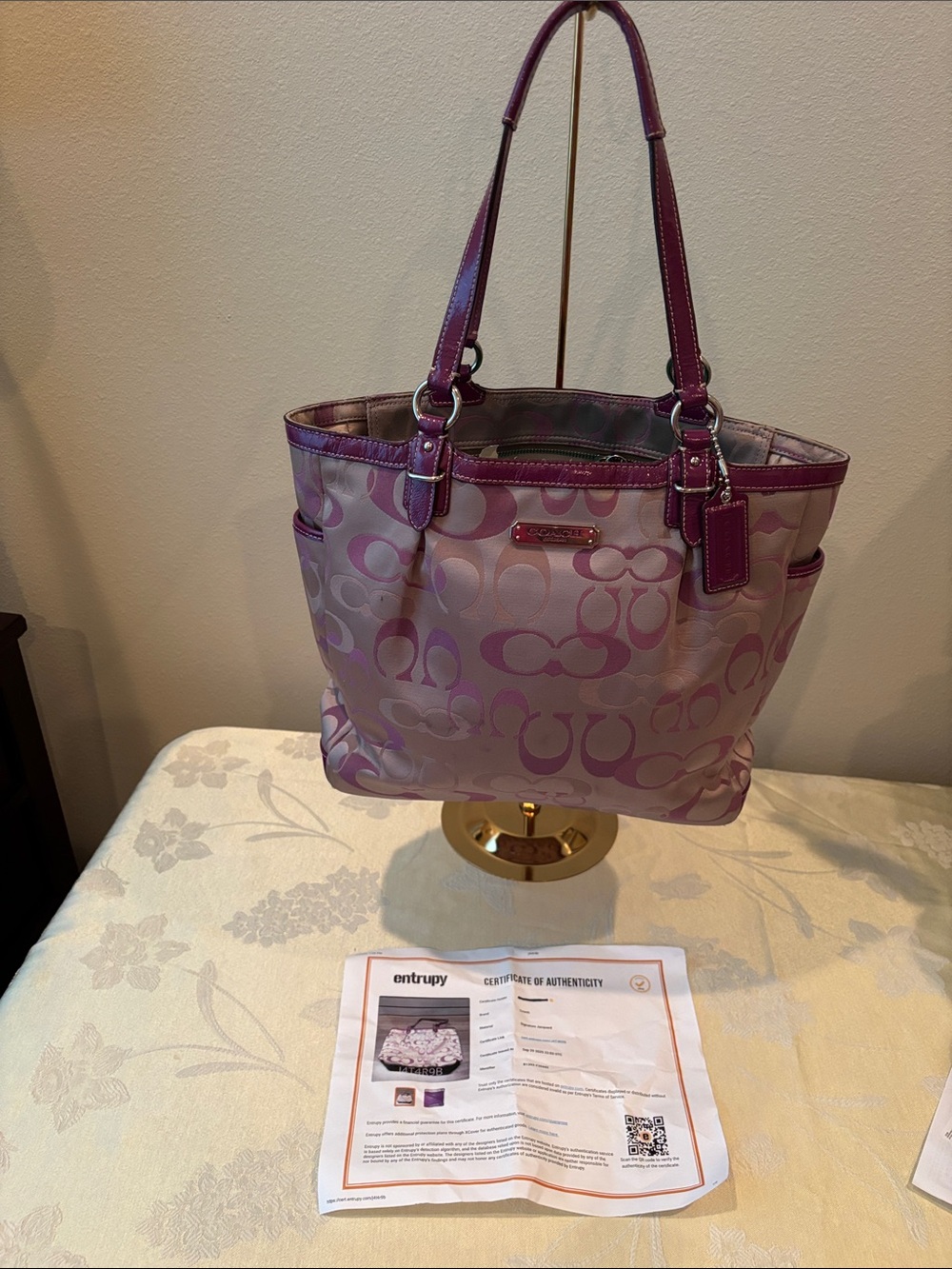 Coach Signature Gem Shoulder Bag in Pink and Magenta Trim. COA